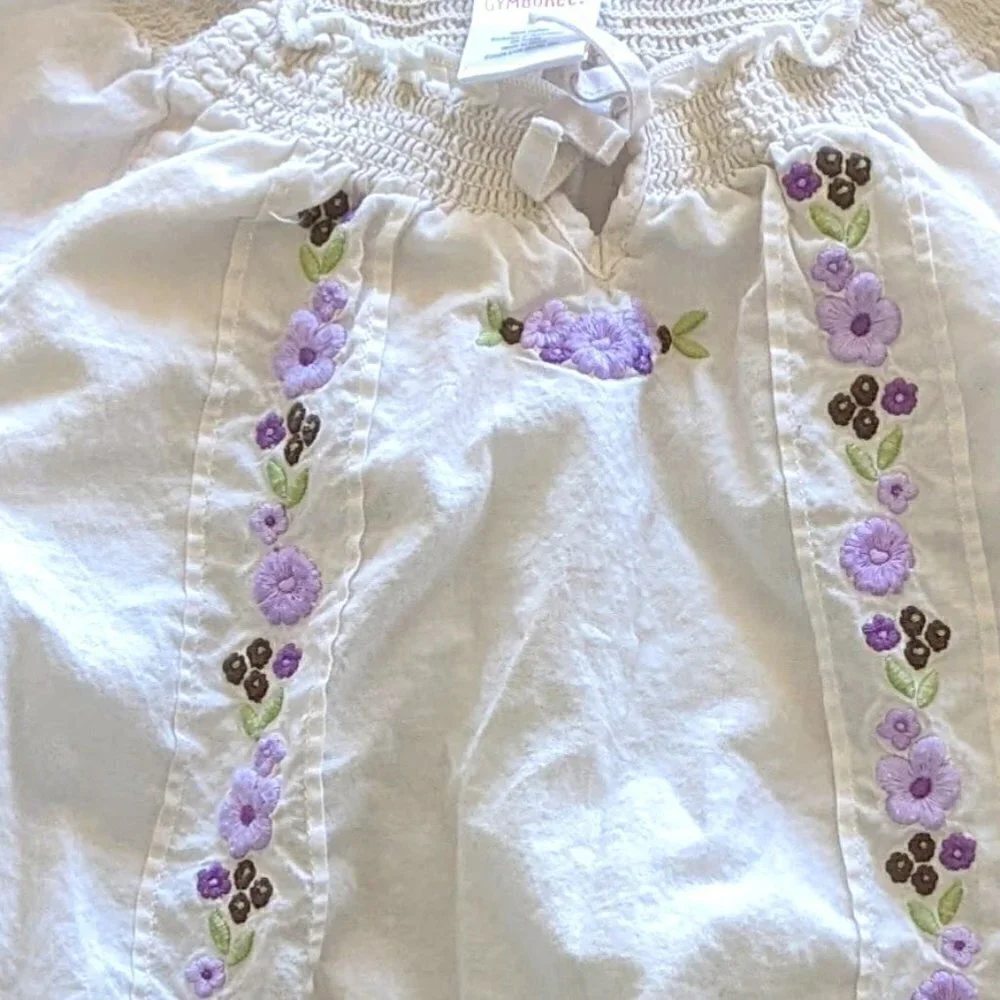 Gymboree Girls White Blouse w/ Embroidered Purple Flowers Size 5